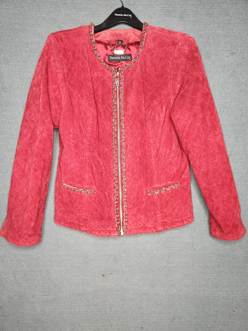 Pamela McCoy Coral Pink Quilted Chain-Trim Jacket